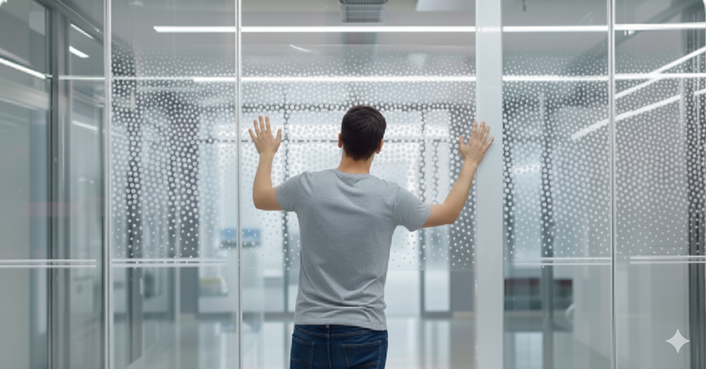 Technicien de dos posant un film dépoli (vitrophanie) sur cloison vitrée
