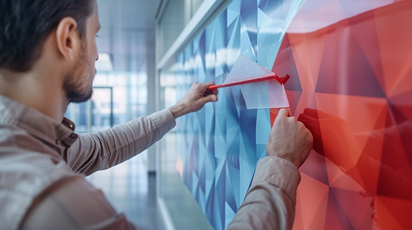 Poseur de dos appliquant un sticker graphique rouge et bleu